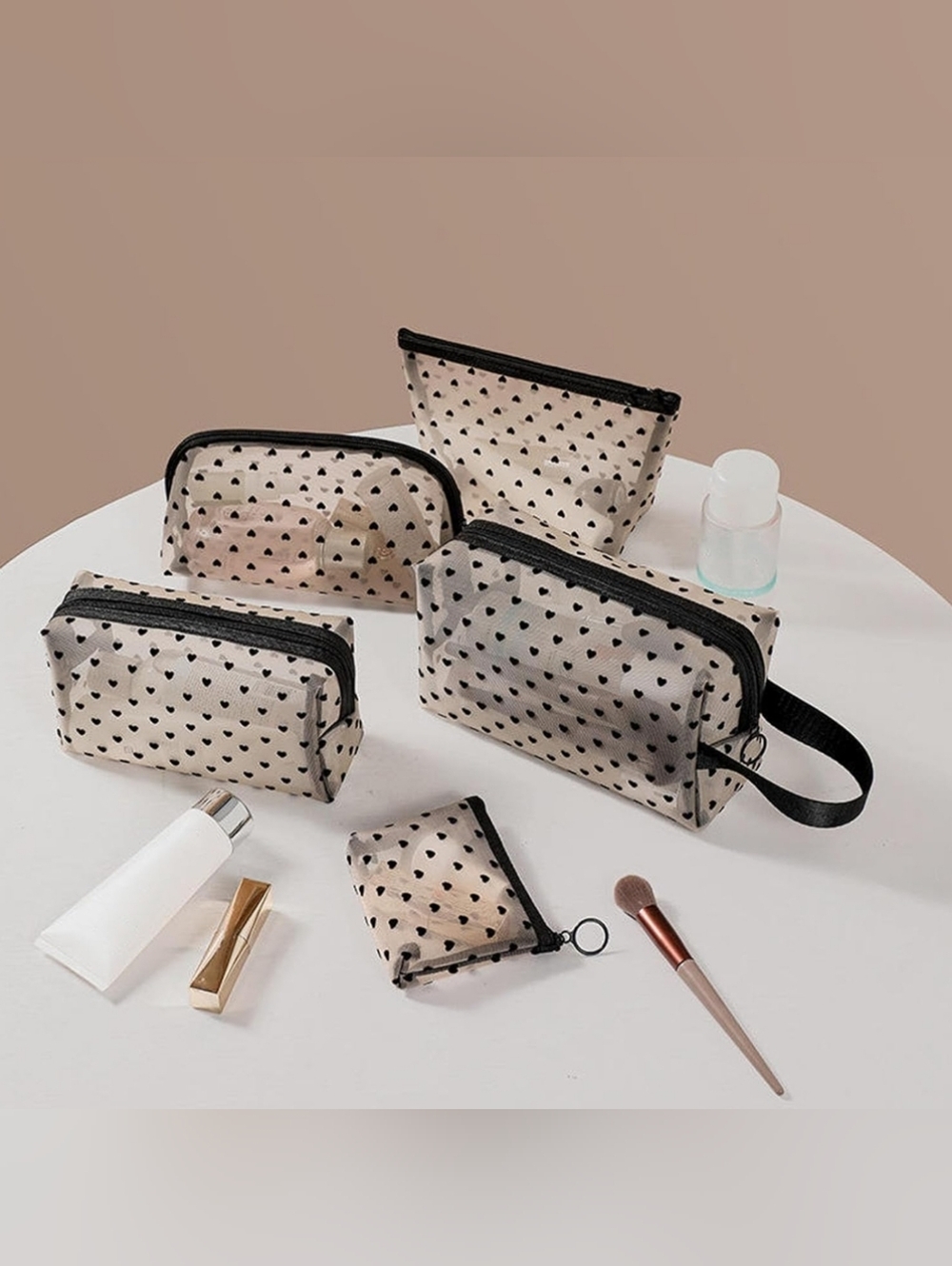 Beige Heart Print Cosmetic Bag Set with Black Trim